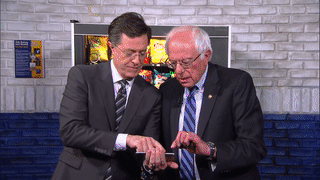 Video clip of Stephen Colbert and Bernie Sanders playing Bubble Burst Bernie.