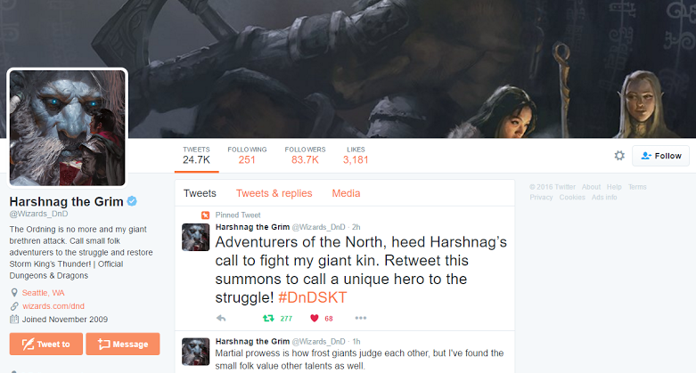 The official Twitter account of Wizards of the Coast, modified to the persona of a giant named Harshnag the Grim.